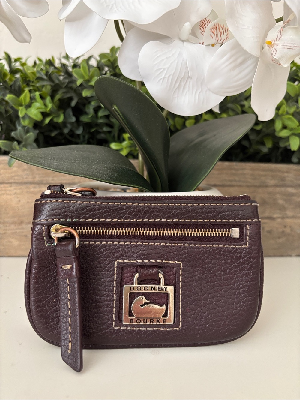 Dooney & Bourke Dark Brown Pebbled Leather Zip Coin Pouch